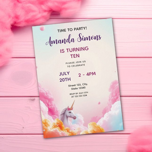 Whimsical Pastel Unicorn Cloud Girly 10th Birthday Invitation (Creator Uploaded)