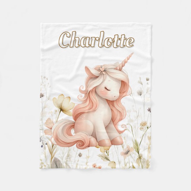 Whimsical pastel unicorn wildflower fleece blanket (Front)