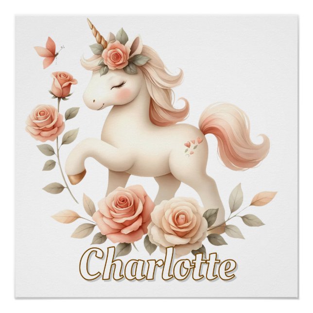 Whimsical pastel unicorn with roses poster (Front)