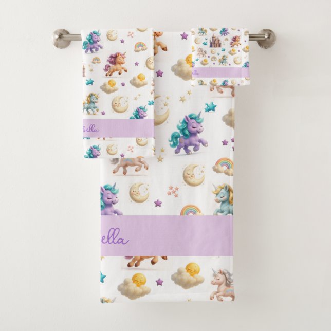 Whimsical Pastel Unicorns and Castles Fantasy Bath Towel Set (Insitu)