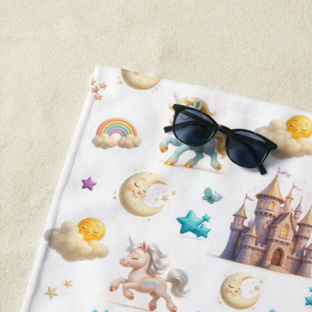Whimsical Pastel Unicorns and Castles Fantasy Beach Towel (In Situ)