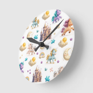 Whimsical Pastel Unicorns and Castles Fantasy Round Clock