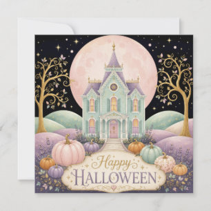 Whimsical Pastel Victorian Haunted House Halloween Card