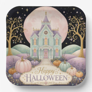Whimsical Pastel Victorian Haunted House Halloween Paper Plate