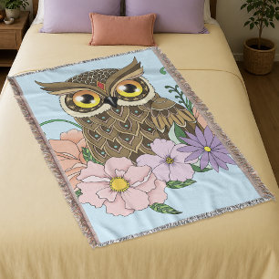 Whimsical Pastel Vintage Owl Flowers Spring Blue Throw Blanket
