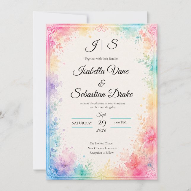 Whimsical Pastel Watercolor Romance Wedding  Invitation (Front)
