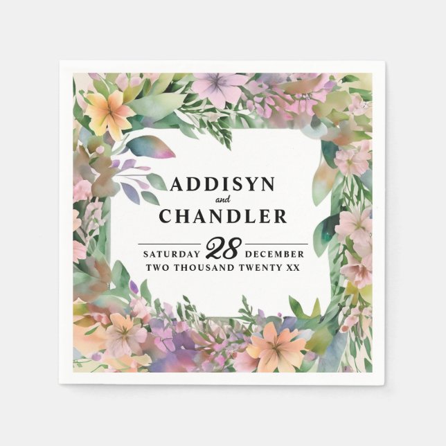 Whimsical Pastel Watercolor Wildflower Wedding Napkin (Front)