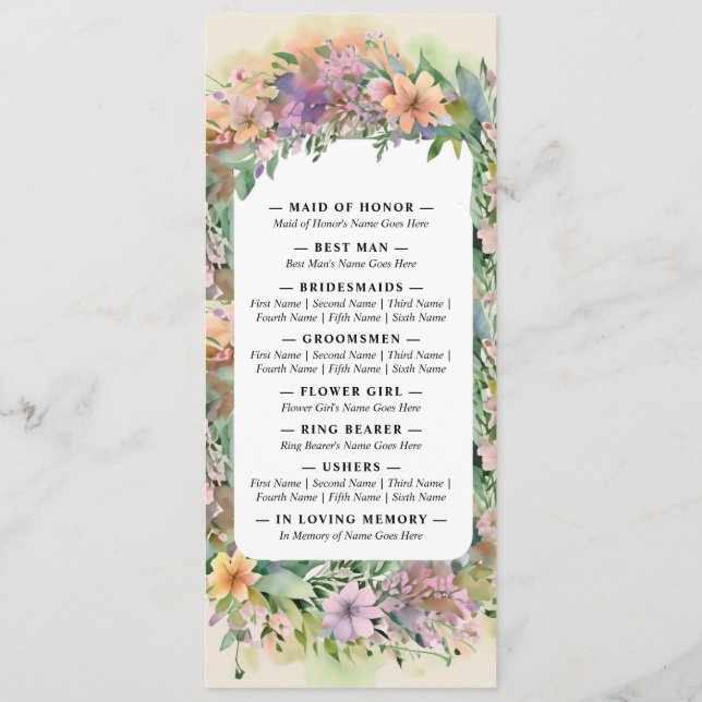 Whimsical Pastel Watercolor Wildflower Wedding Programme (Back)