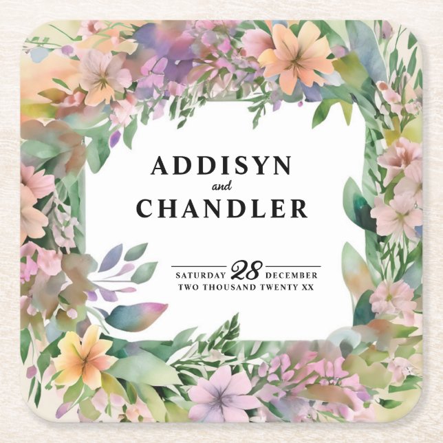 Whimsical Pastel Watercolor Wildflower Wedding Square Paper Coaster (Front)