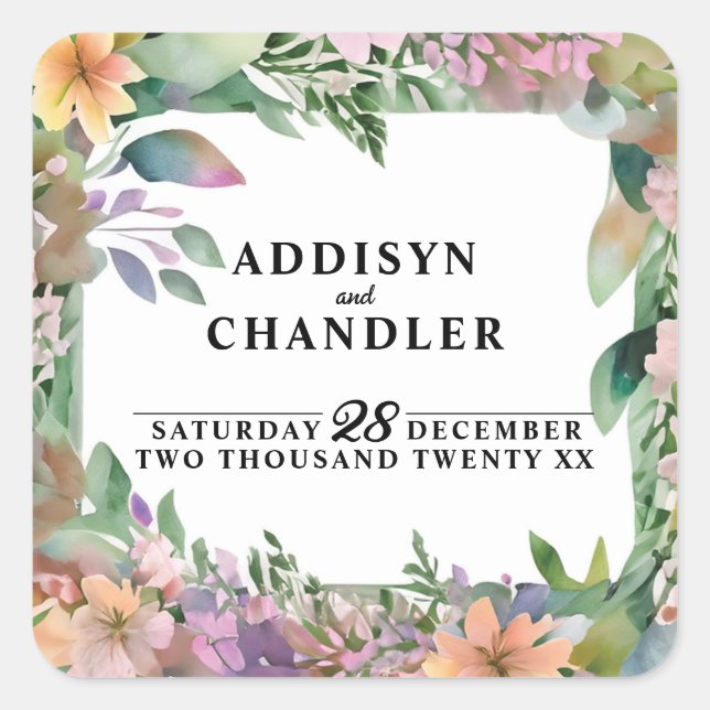 Whimsical Pastel Watercolor Wildflower Wedding Square Sticker (Front)