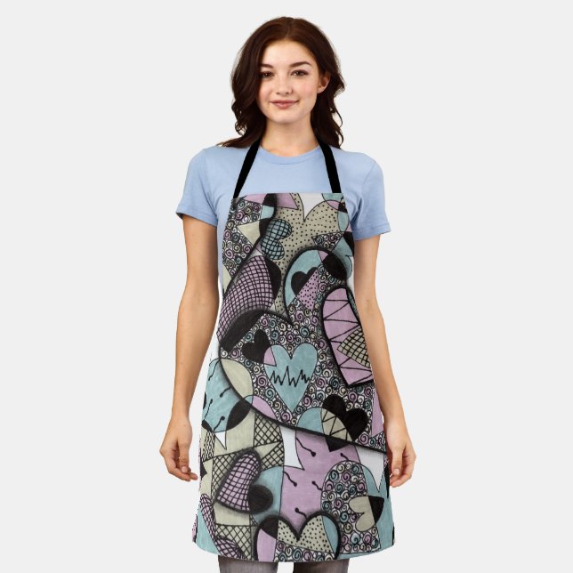Whimsical Pastel Zentangle Hearts Doodle Pattern A Apron (Worn)