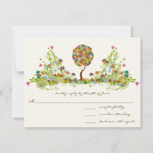 Whimsical Patchwoork Flower Tree Wedding RSVP Card