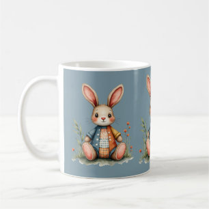 Whimsical Patchwork Bunny Cottagecore Blue Mug