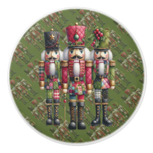 Whimsical Patchwork Christmas Nutcracker Trio Ceramic Knob