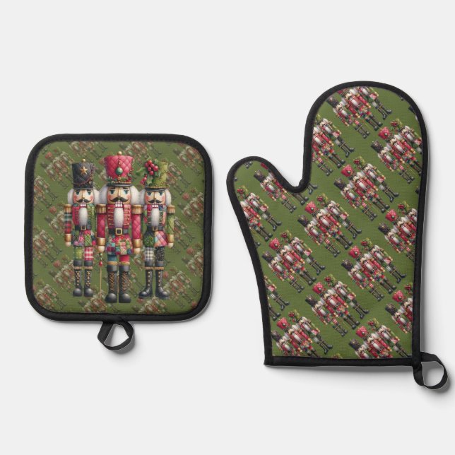 Whimsical Patchwork Christmas Nutcracker Trio Oven Mitt & Pot Holder Set (Front)