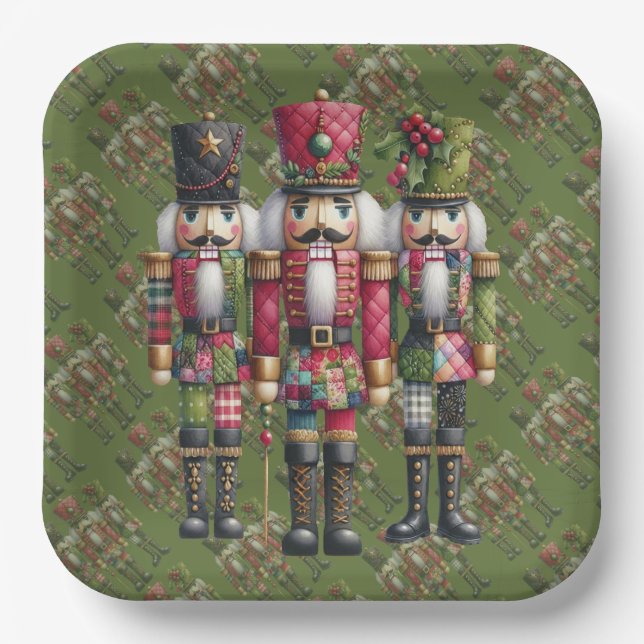 Whimsical Patchwork Christmas Nutcracker Trio Paper Plate (Front)