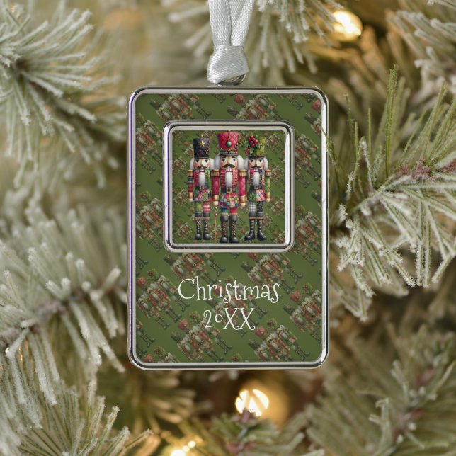 Whimsical Patchwork Christmas Nutcracker Trio Silver Plated Framed Ornament (Tree)