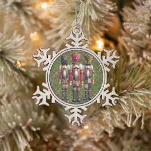 Whimsical Patchwork Christmas Nutcracker Trio Snowflake Pewter Christmas Ornament