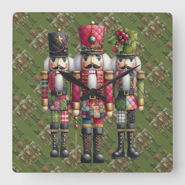 Whimsical Patchwork Christmas Nutcracker Trio Square Wall Clock (Front)