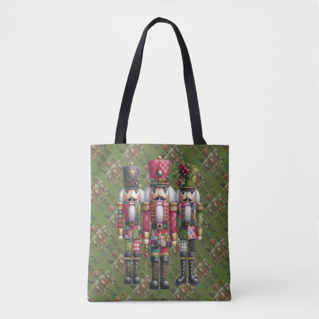 Whimsical Patchwork Christmas Nutcracker Trio Tote Bag (Front)