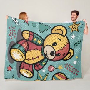 Whimsical Patchwork Christmas Teddy Bear Fleece Blanket