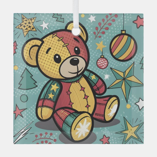 Whimsical Patchwork Christmas Teddy Bear Glass Tree Decoration (Front)