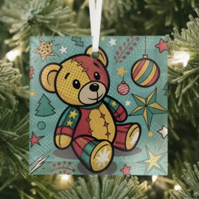 Whimsical Patchwork Christmas Teddy Bear Glass Tree Decoration (Glass Square Ornament frosted back one-sided printable size: 3”.
  
)