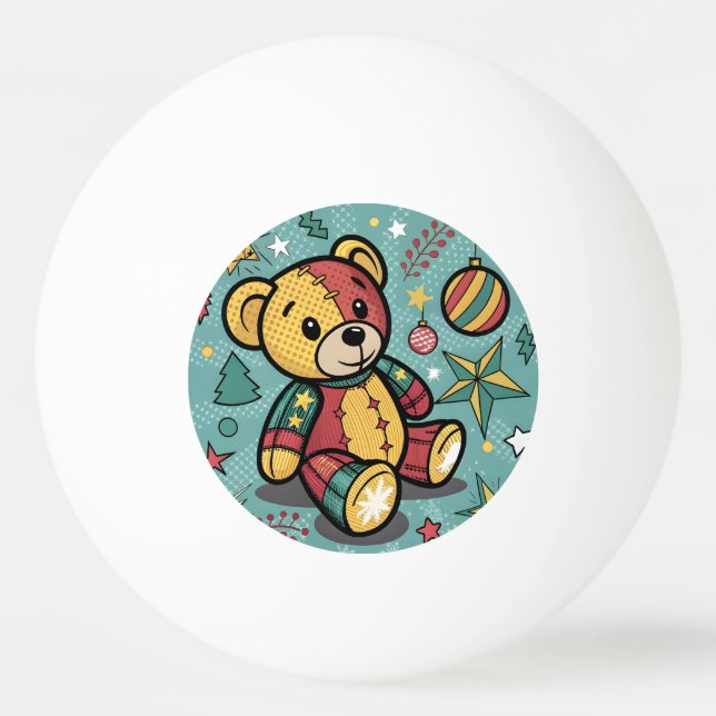 Whimsical Patchwork Christmas Teddy Bear Ping Pong Ball (Front)
