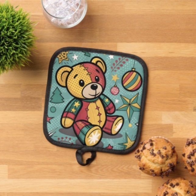 Whimsical Patchwork Christmas Teddy Bear Pot Holder (Pot Holder Full rubber protection cover no slip silicon hanging loop. )