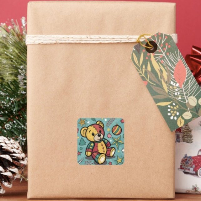 Whimsical Patchwork Christmas Teddy Bear Square Sticker (Sticker sheet, 6 different sizes. Matte, glossy or glossy transparent finish. )