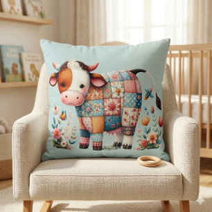 Whimsical Patchwork Cow With Floral Accents Cushion