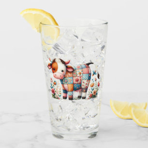 Whimsical Patchwork Cow With Floral Accents Glass