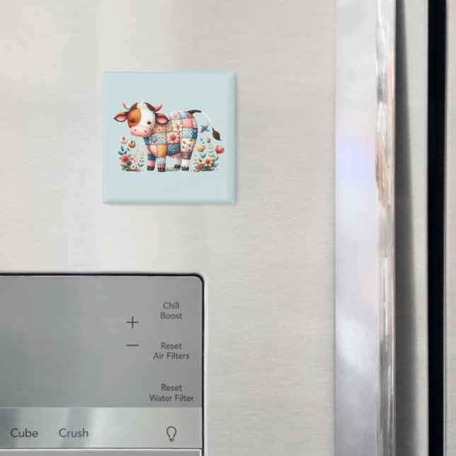 Whimsical Patchwork Cow With Floral Accents Magnet (In Situ (Fridge))
