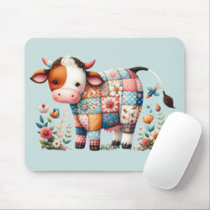 Whimsical Patchwork Cow With Floral Accents Mouse Pad