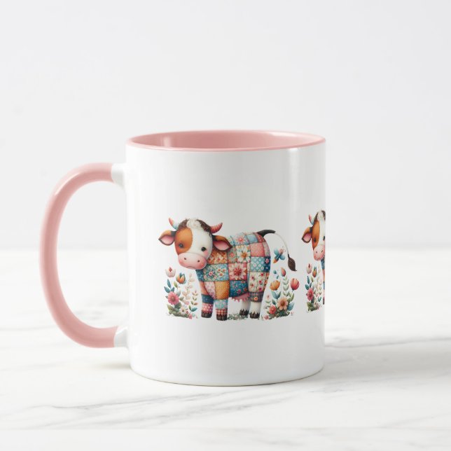 Whimsical Patchwork Cow With Floral Accents Mug (Left)