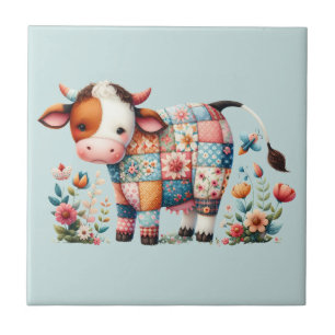 Whimsical Patchwork Cow With Floral Accents Tile