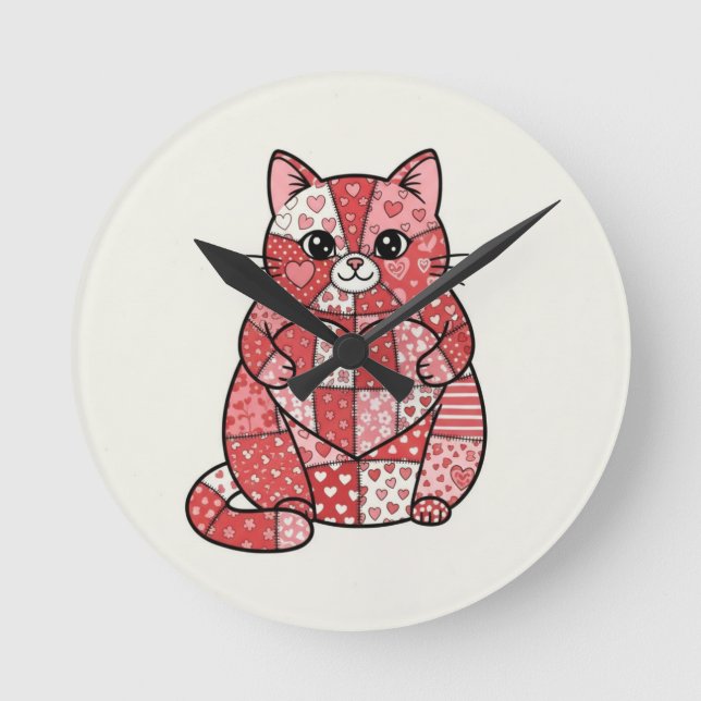 Whimsical Patchwork Kitten Holding Heart Art Round Clock (Front)