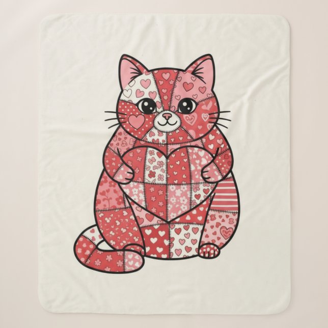 Whimsical Patchwork Kitten Holding Heart Art Sherpa Blanket (Front)