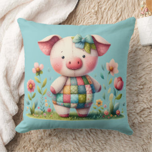 Whimsical Patchwork Pig in Floral Garden Cushion
