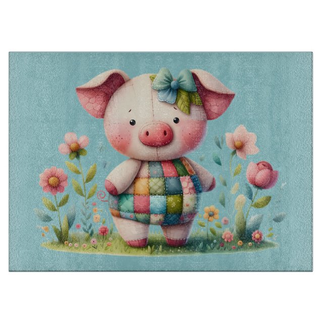 Whimsical Patchwork Pig in Floral Garden Cutting Board (Front)