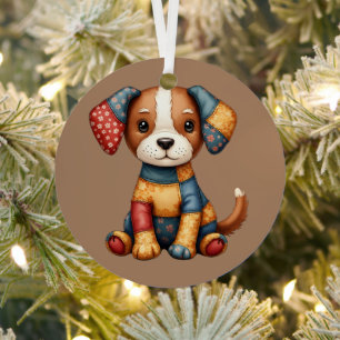 Whimsical Patchwork Puppy Cottagecore Folk Art Metal Tree Decoration