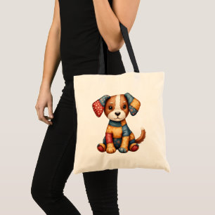 Whimsical Patchwork Puppy Cottagecore Folk Art Tote Bag