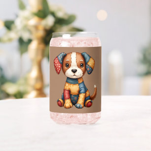 Whimsical Patchwork Puppy Folk Art Cottagecore  Can Glass