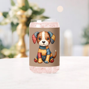 Whimsical Patchwork Puppy Folk Art Cottagecore Can Glass