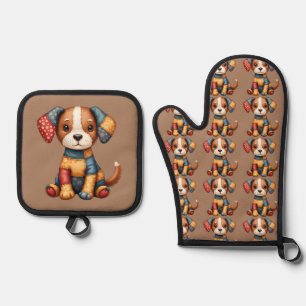 Whimsical Patchwork Puppy Folk Art Cottagecore Oven Mitt & Pot Holder Set