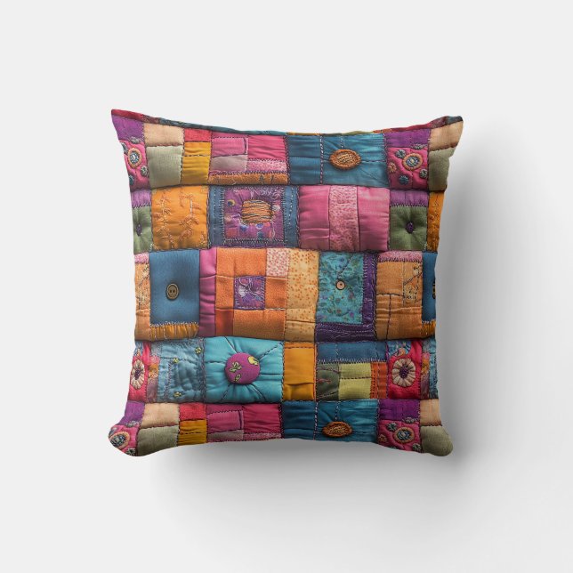 Whimsical Patchwork Quilt Pattern: Colorful Design Cushion (Front)