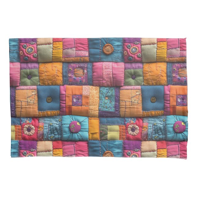 Whimsical Patchwork Quilt Pattern: Colorful Design Pillowcase (Front)