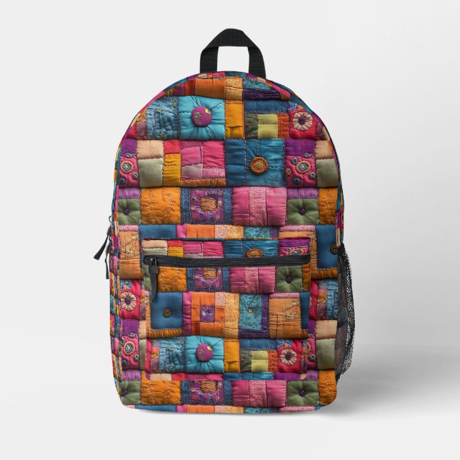 Whimsical Patchwork Quilt Pattern: Colorful Design Printed Backpack (Front)