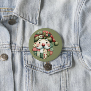 Whimsical Patchwork Santa Folk Christmas 7.5 Cm Round Badge