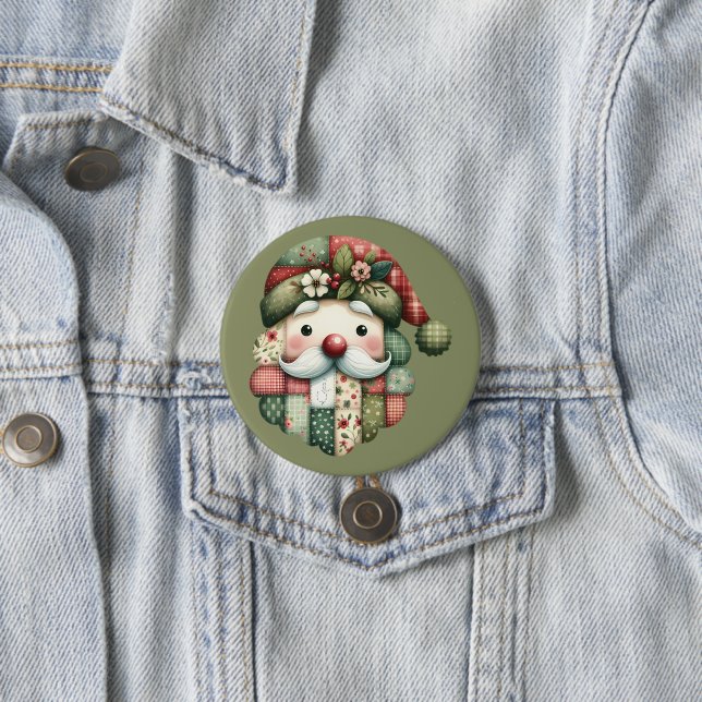 Whimsical Patchwork Santa Folk Christmas 7.5 Cm Round Badge (In Situ)